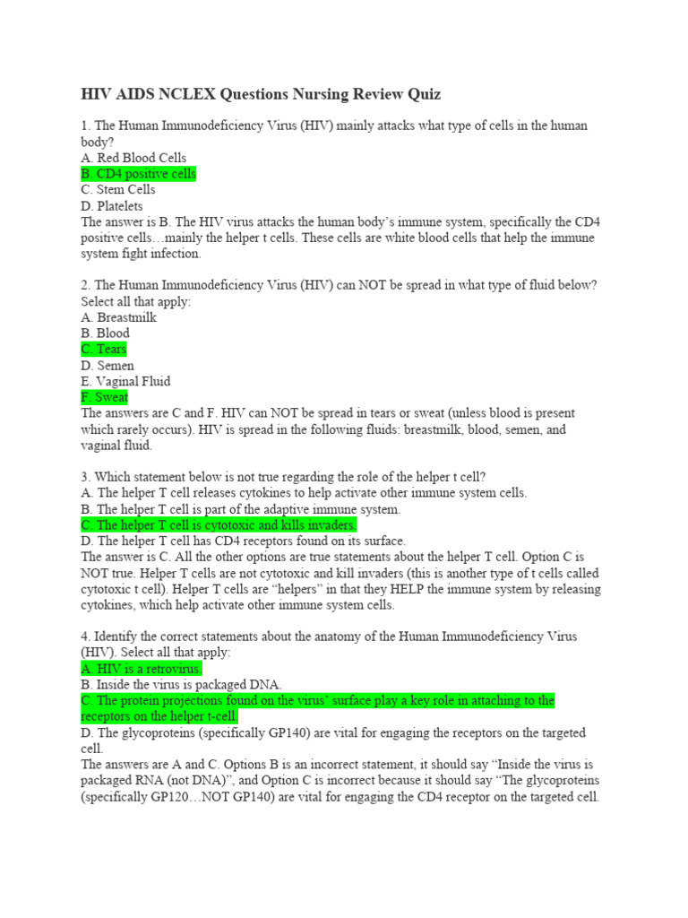 HIV AIDS NCLEX Questions Nursing Review Quiz | PDF | Hiv/Aids ...