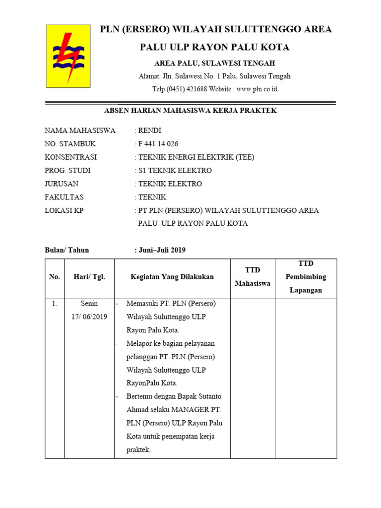 Absen Kerja Praktek Mahasiswa PLN Palu | PDF