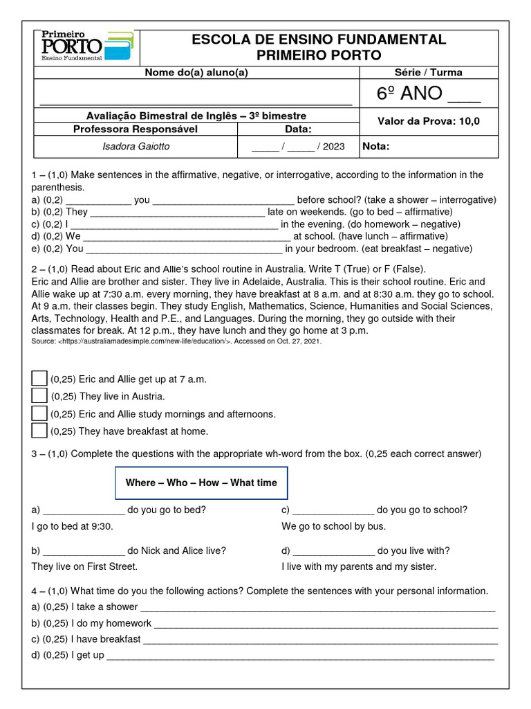 Image Result For Avaliao De Lngua Inglesa Bimestre Scribd