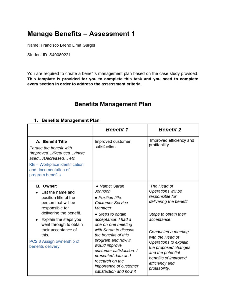 Manage Benefits - Assessment 1 | PDF | Cost–Benefit Analysis | Customer ...