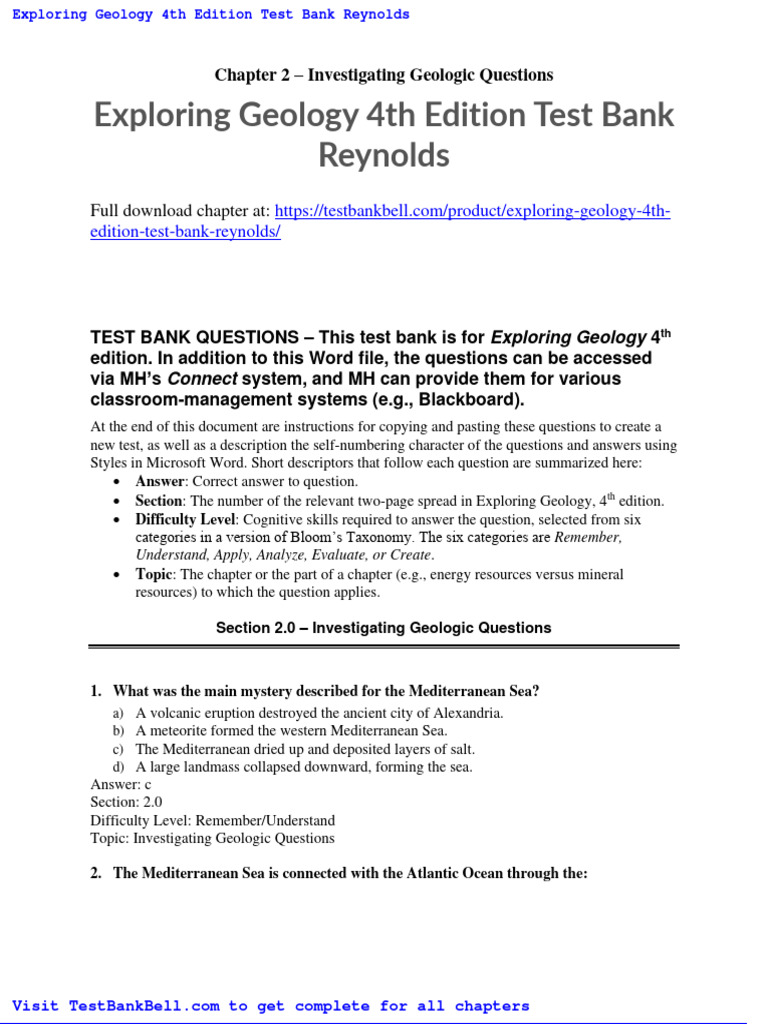 Exploring Geology 4th Edition Test Bank Reynolds PDF Geology