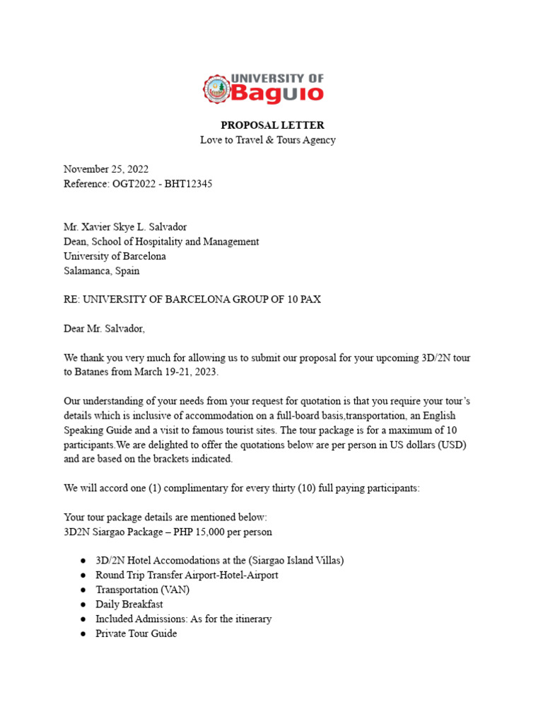 Tour Package Proposal for University Group | PDF | Business
