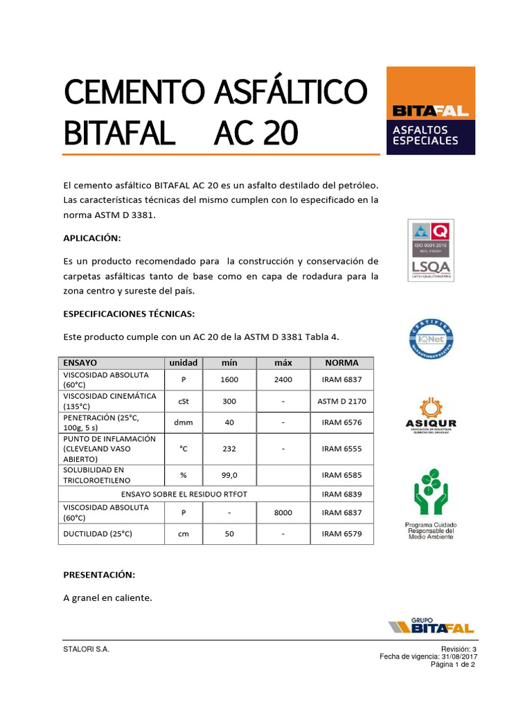 Asfalto Ac 20 | PDF | Agua | Química