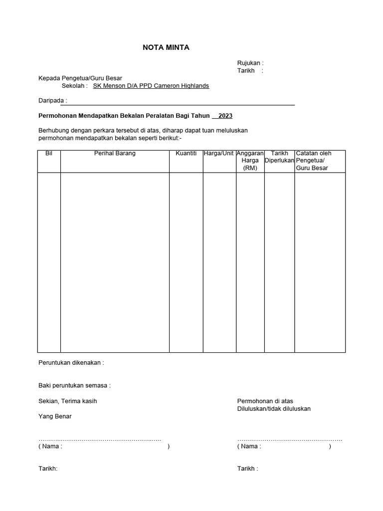 Template Nota Minta Sekolah 2023 | PDF