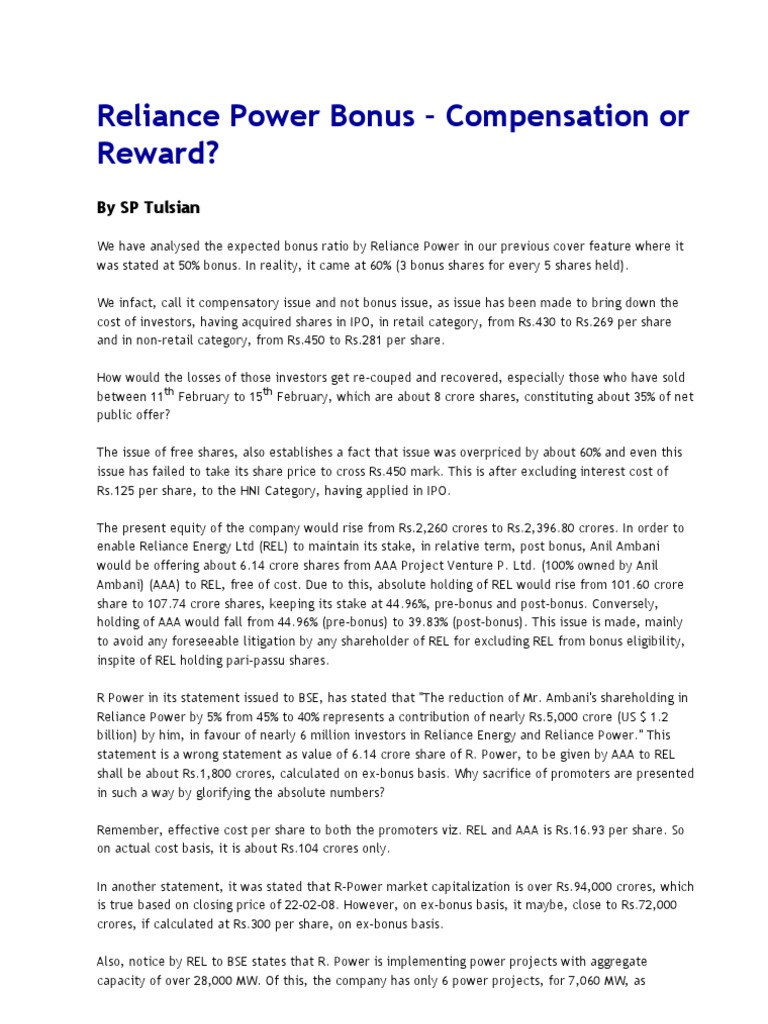 Reliance Power Bonus Shares Explained | PDF | Stocks | Companies