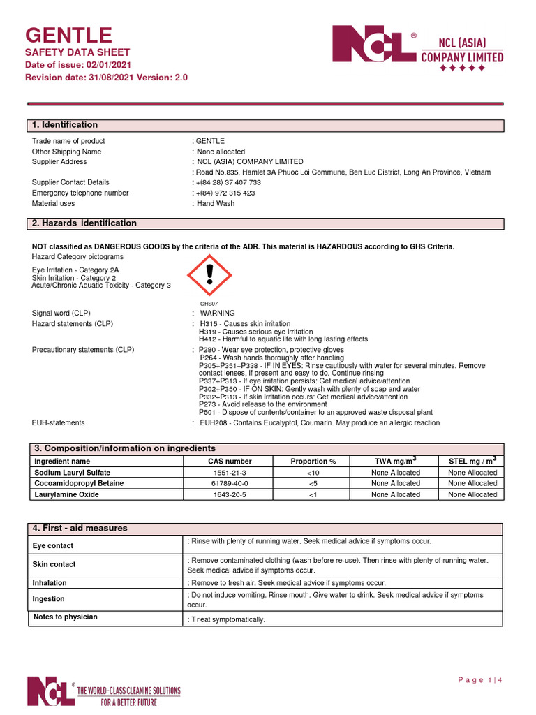 Msds Gentle - Safety Data Sheet (Sds)- En v2.31.08.21 | PDF ...