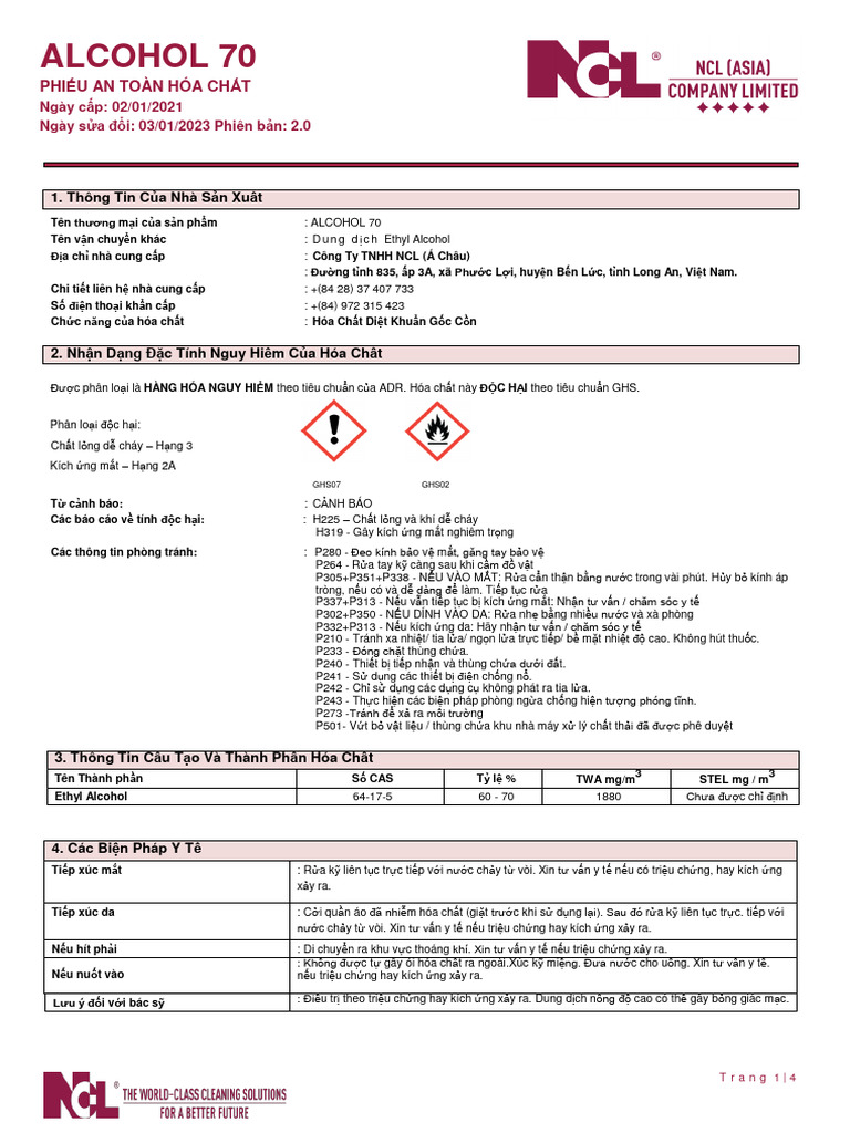 MSDS Alcohol 70 SDS VN PDF
