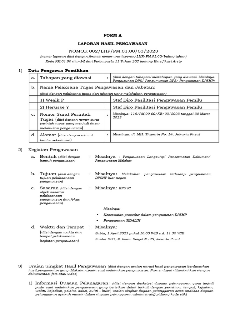 Contoh Form A Pengawasan Pemilu 2024 | PDF