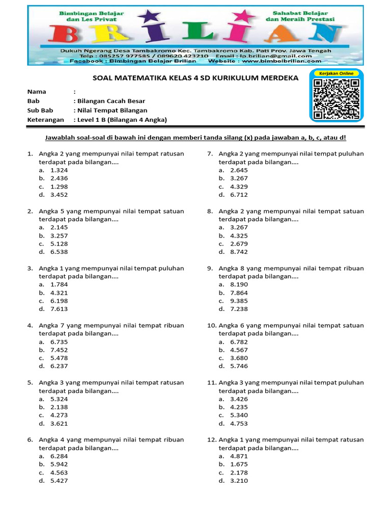 Soal Nilai Tempat Bilangan Kelas 4 SD Level 1 B (Bilangan 4 Angka) | PDF