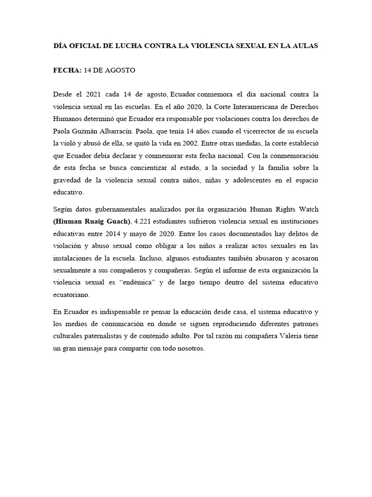 Día Oficial de Lucha Contra La Violencia Sexual en La Aulas | PDF ...