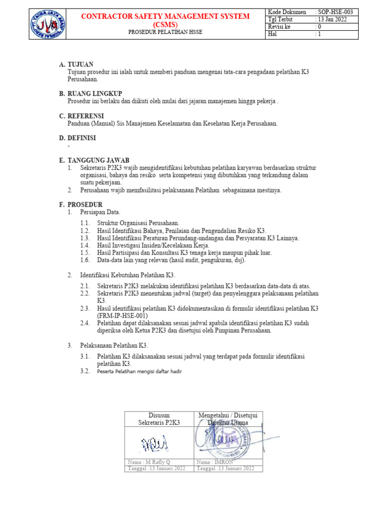 Prosedur Pelatihan K3 Perusahaan | PDF | Bisnis | Teknologi & Rekayasa