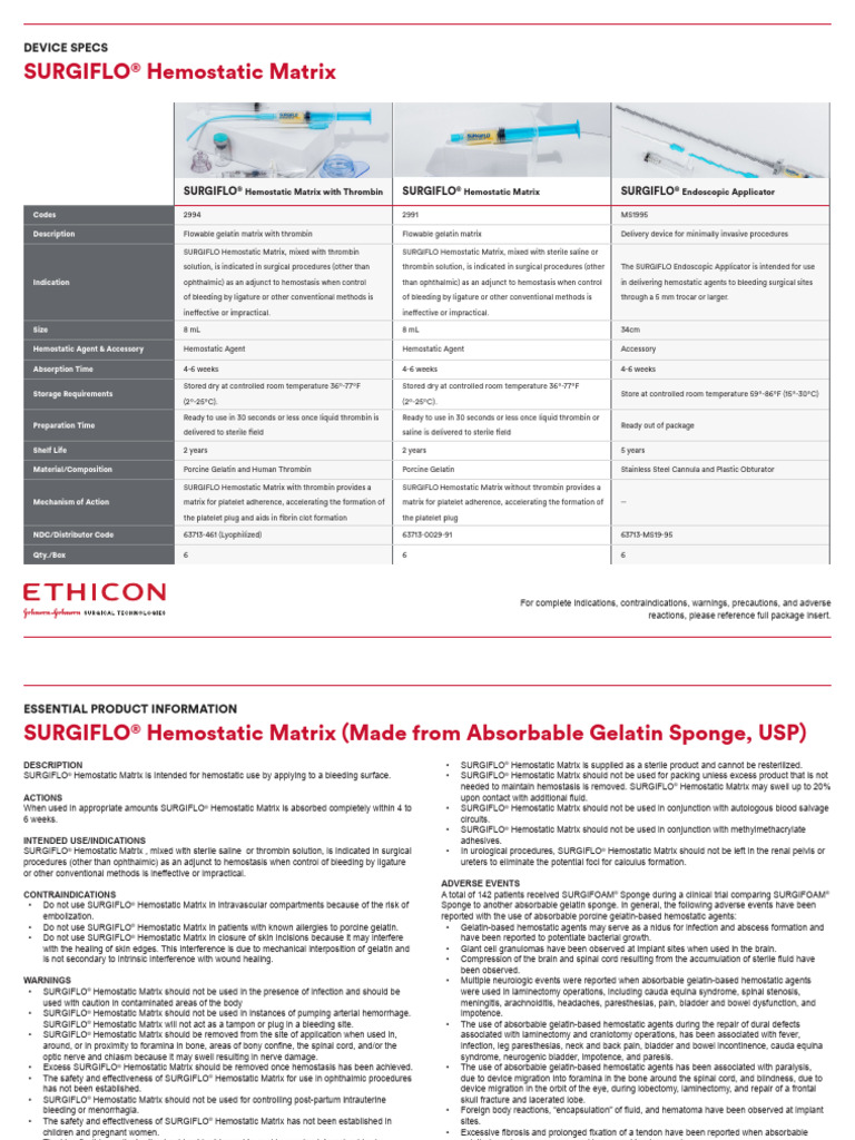 SURGIFLO Hemostatic Matrix Comparison Table PDF Hemostasis Bleeding