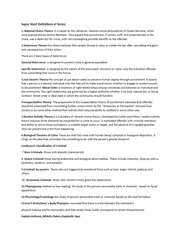 Super Short Definitions of Terms 2nd Yr PDF Criminology Punishments