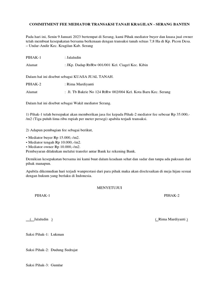 Surat Komitmen Fee Mediator Tanah | PDF | Hukum