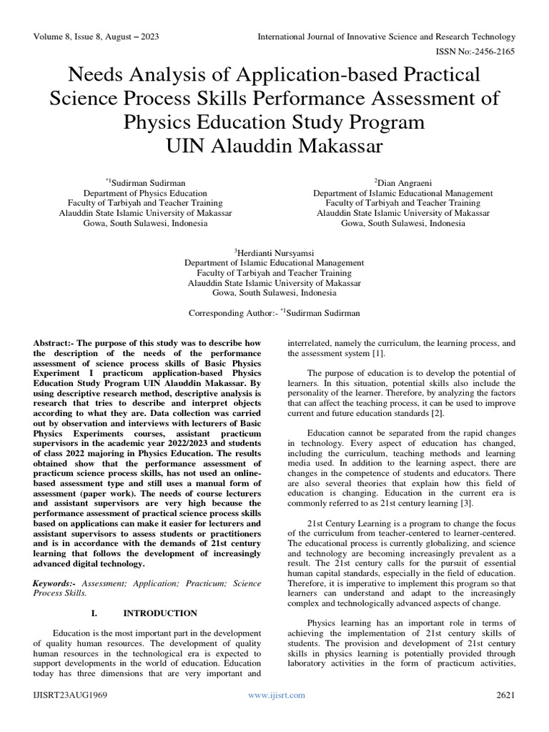Needs analysis of application based practical science process skills