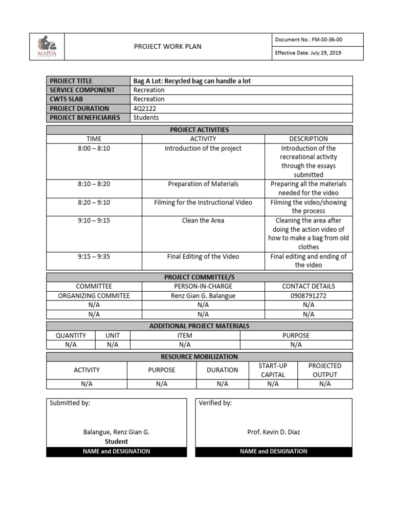 Project work plan balangue pdf economy and the environment