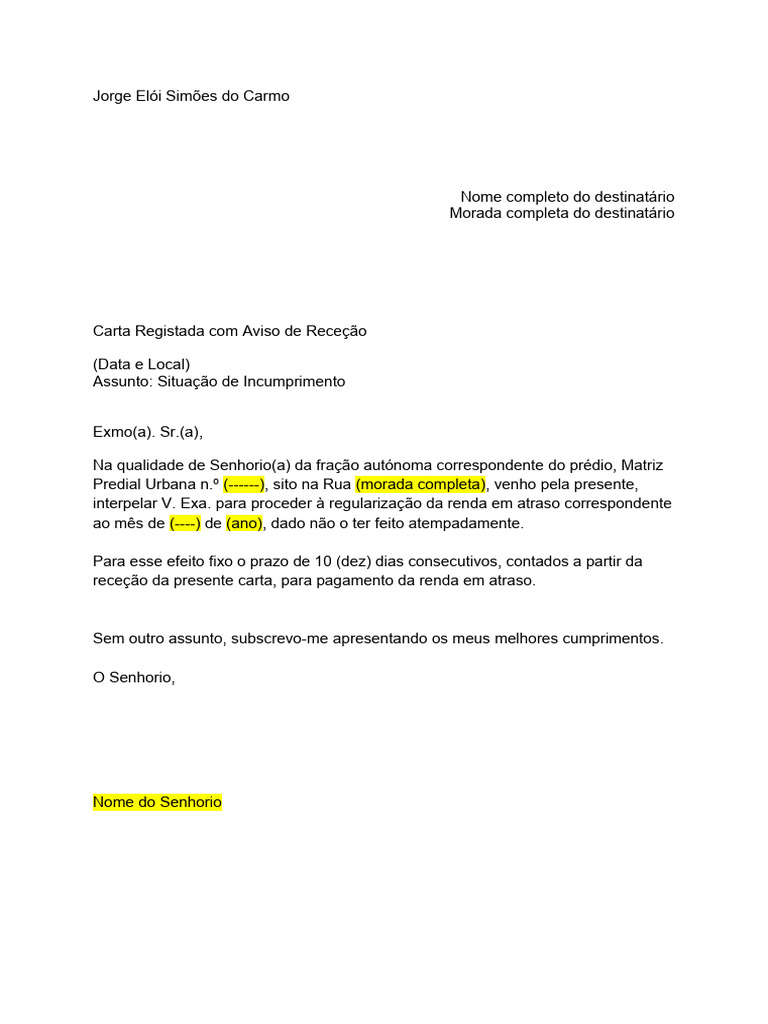 Minuta-Carta Situacao-Incumprimento Imovel - PT | PDF