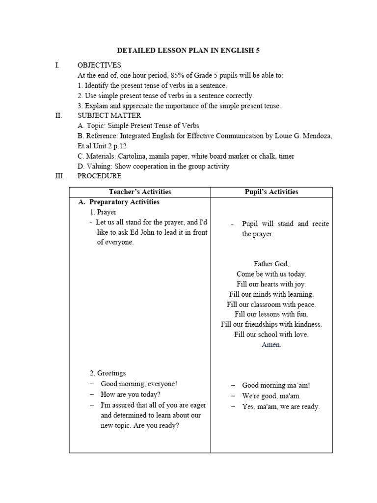Lesson Plan: Simple Present Tense 5th Grade | PDF | Verb | Grammatical ...