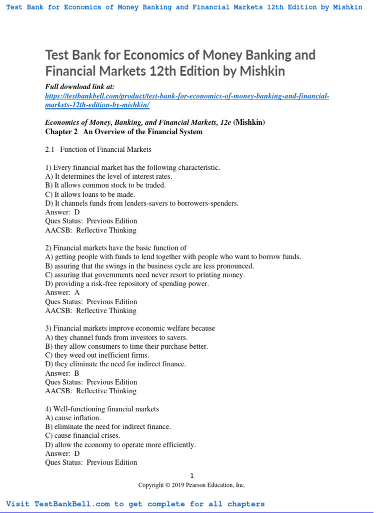 Test Bank For Economics of Money Banking and Financial Markets 12th