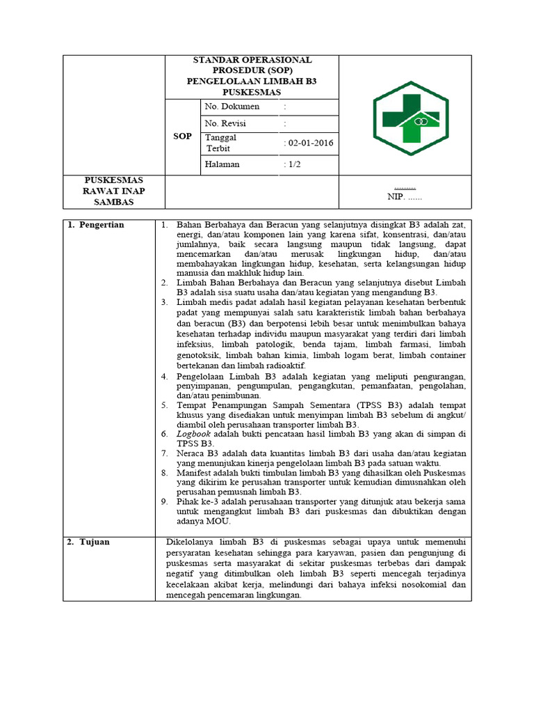 SOP Pengelolaan Limbah B3 Puskesmas | PDF