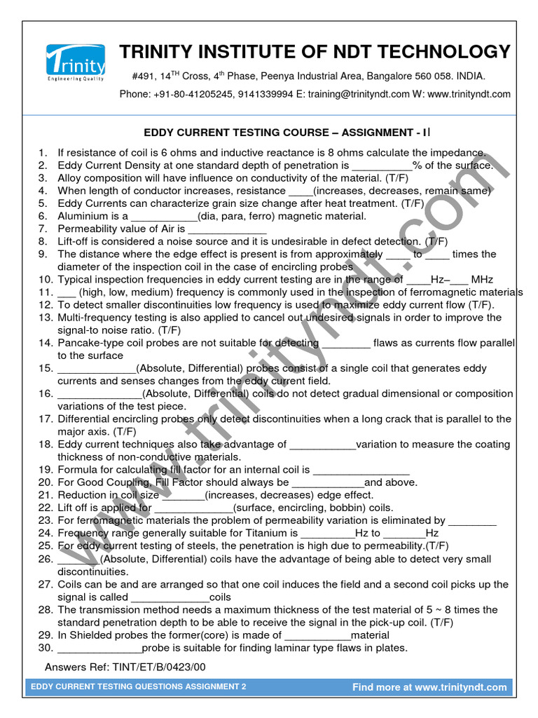 Eddy Current Testing Exam Questions Assignment2 PDF Inductor