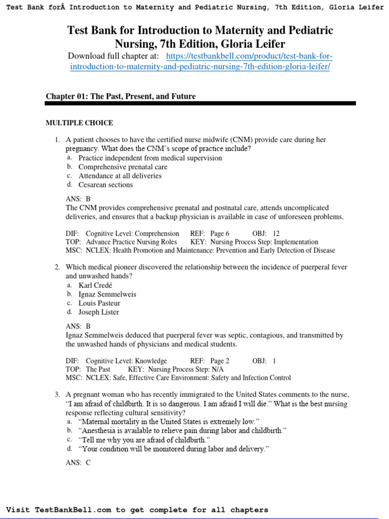 Test Bank For Introduction To Maternity and Pediatric Nursing 7th