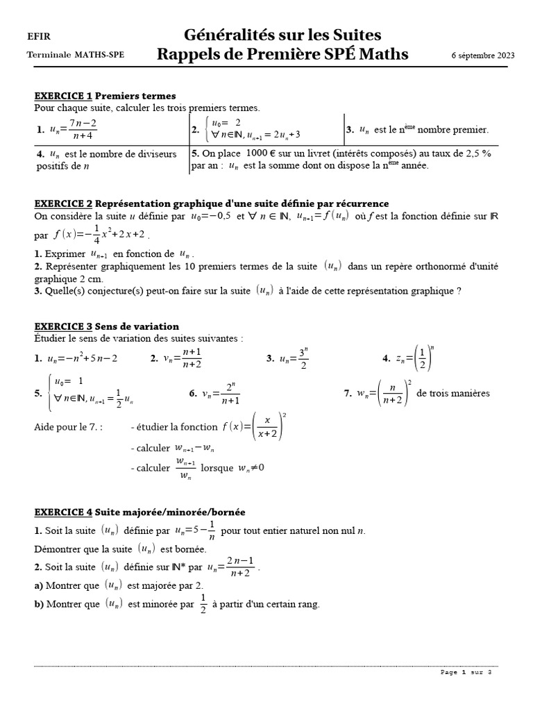 Exercices Rappels Première - MATHS-SPE - 06-09-2023 | PDF | Somme ...