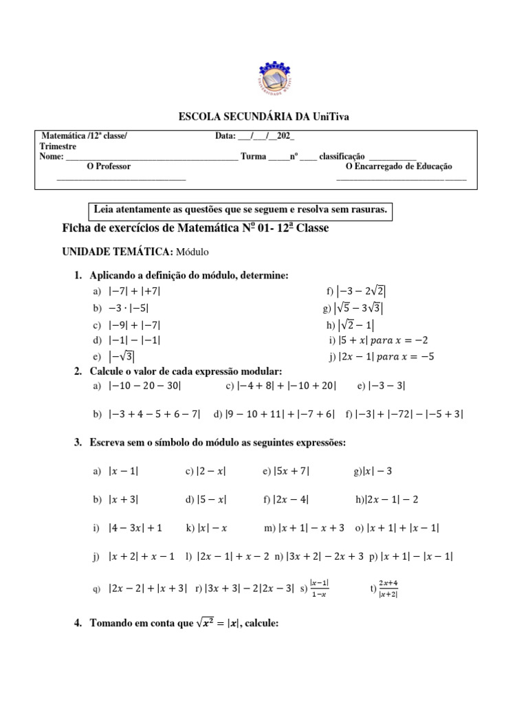 Ficha de Exercícios Mat 12a Classe Módulo de Um Número Real e Equações ...