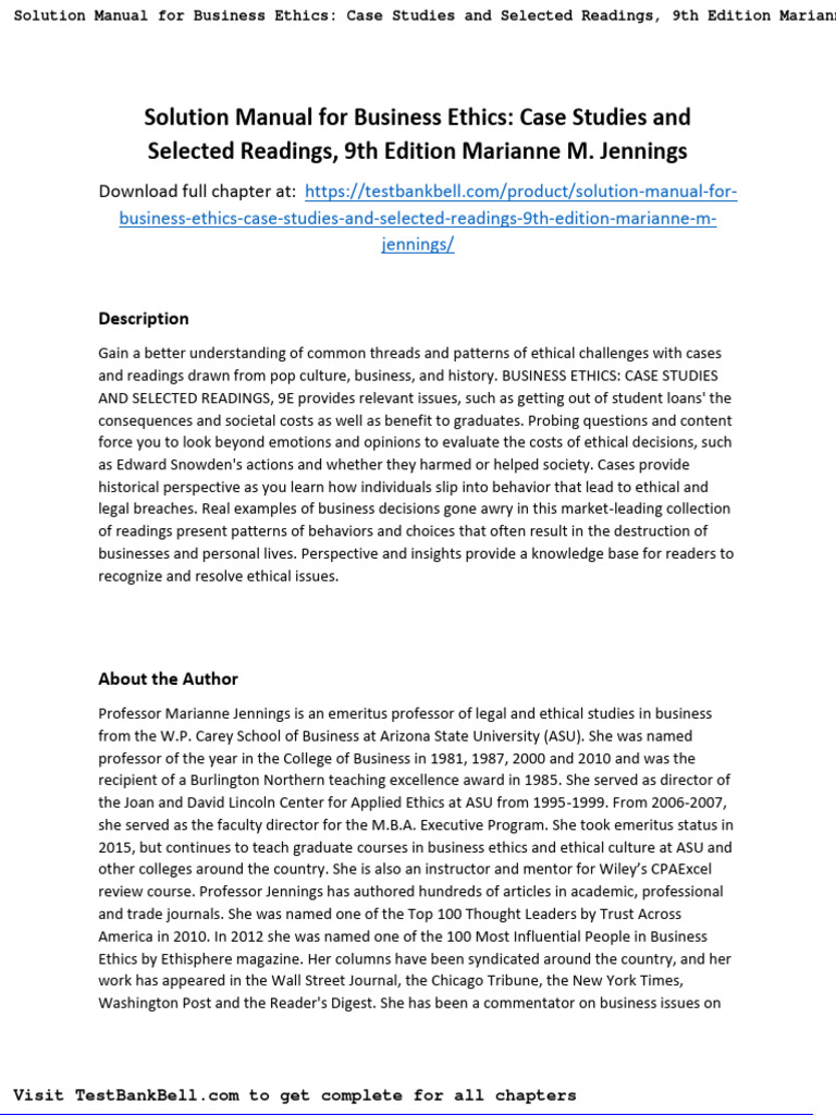 Solution Manual For Business Ethics Case Studies and Selected Readings