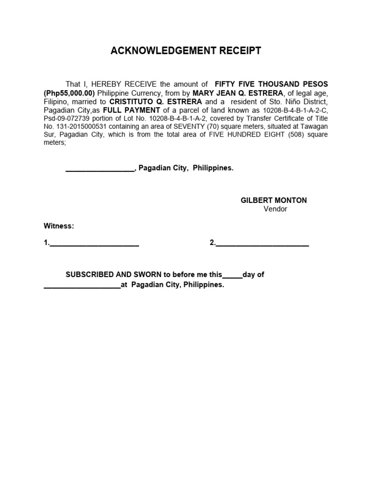 Acknowledgment receipt full payment of land parcel pdf