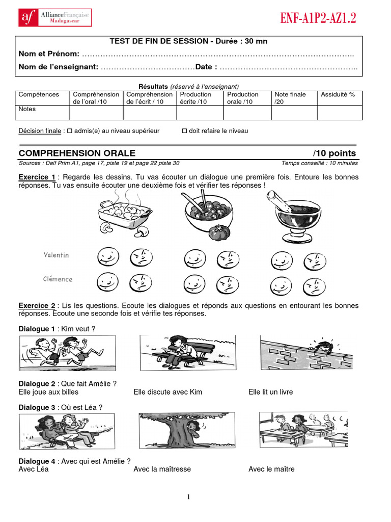 Test de fin de session A1 en français | PDF