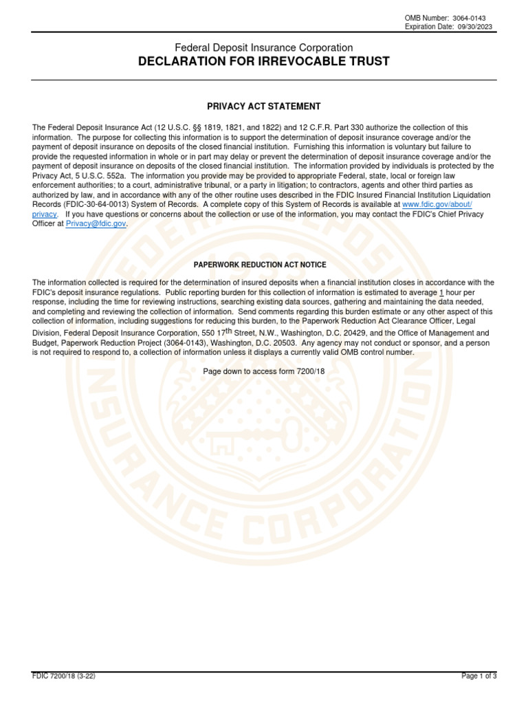 Declaration For Irrevocable Trust: Federal Deposit Insurance ...