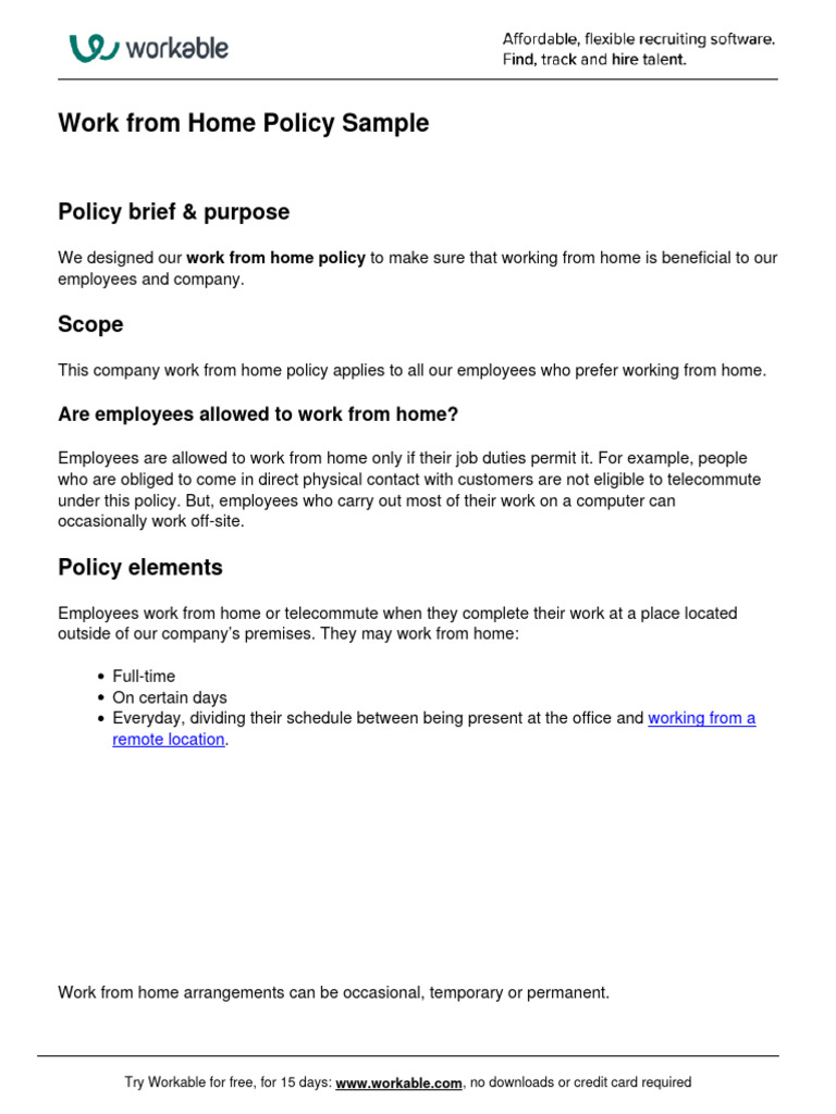 Work Home Policy Sample PDF Employment Human Resource Management