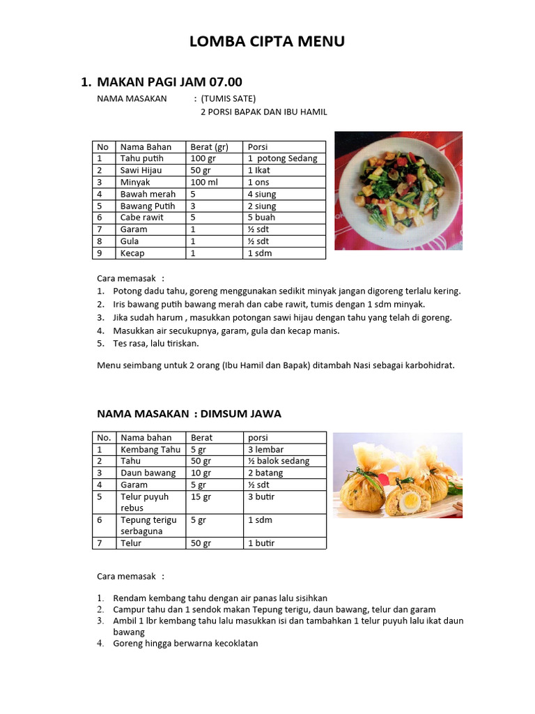 Menu B2SA Pemenang Lomba Cipta Menu | PDF | Memasak, Makanan, & Anggur