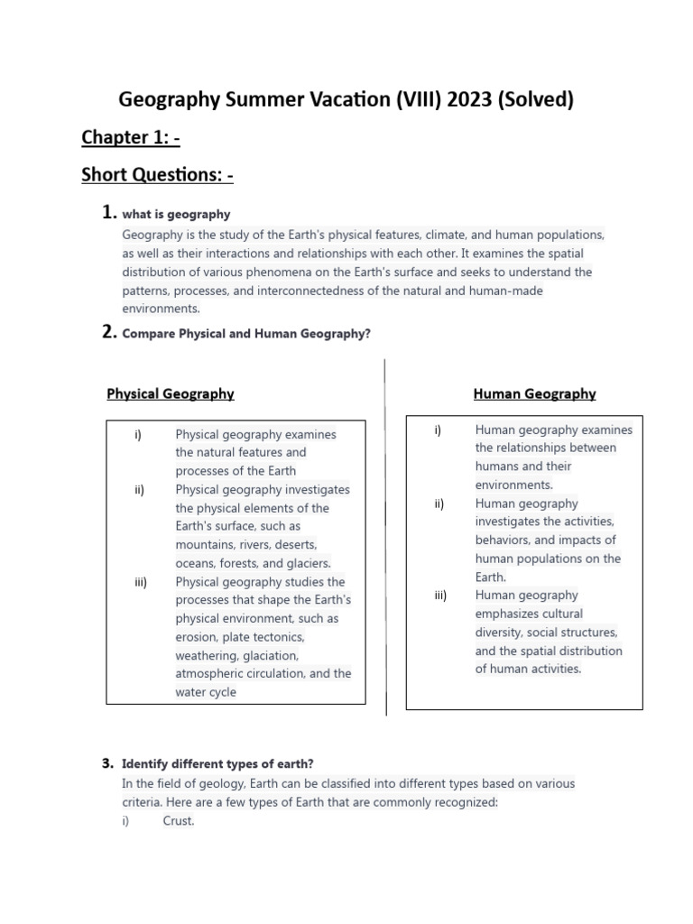 Geography Summer Vacation (VIII) 2023 (Solved) PDF Plate Tectonics