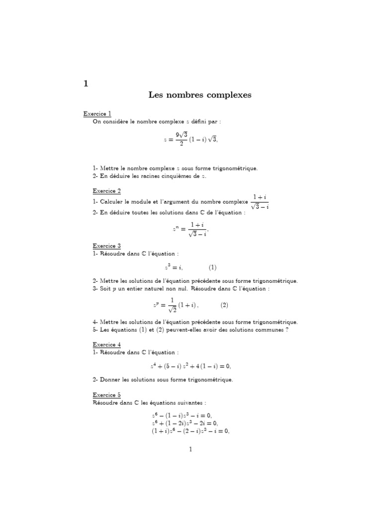 Exercices sur les Nombres Complexes | PDF | Nombre complexe ...