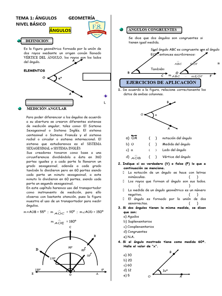Geometria Tema 1 Nivel Basico El Angulo | PDF | Ángulo | Metrología