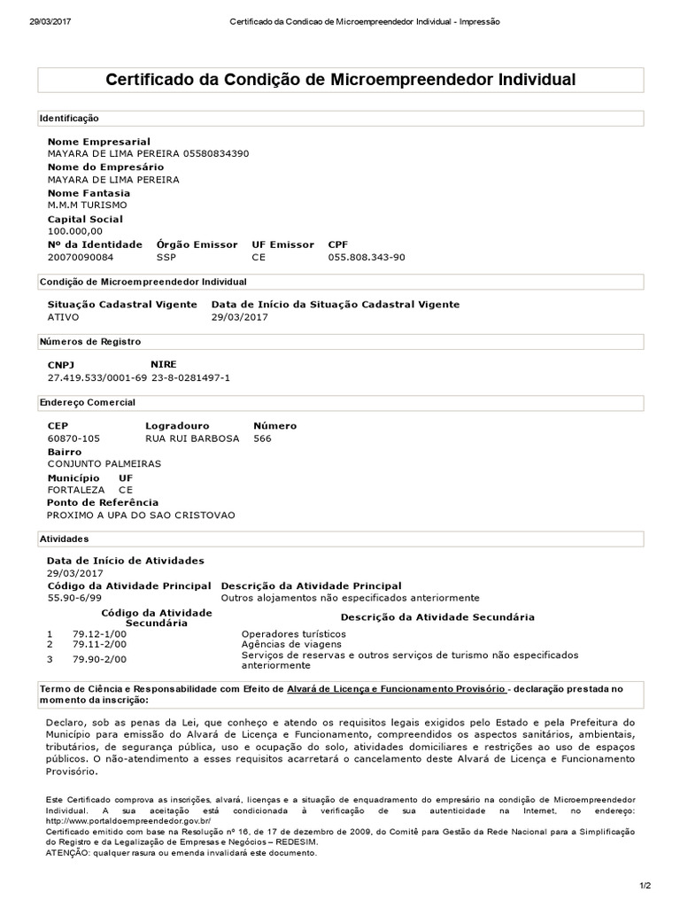 Certificado de Microempreendedor Individual | PDF