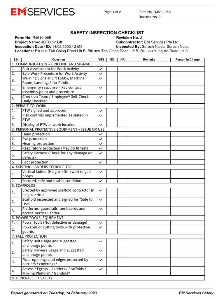 JCTC Lift Safety Inspection Checklist | PDF | Elevator | Safety