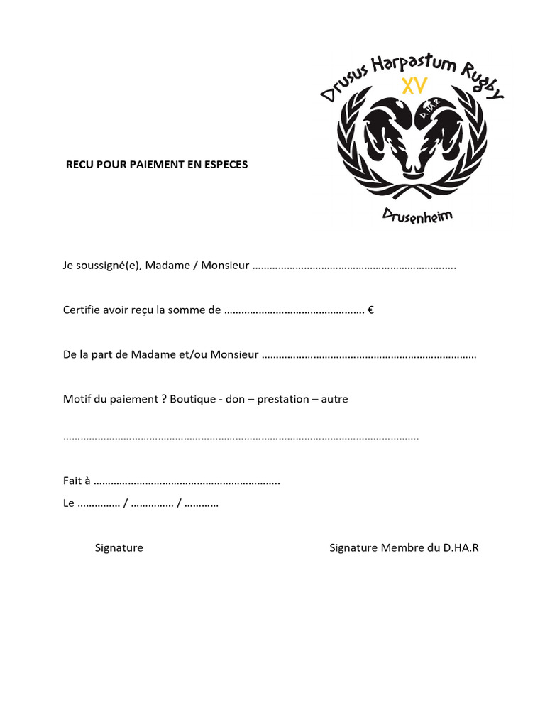 Attestation De Paiement En Espece