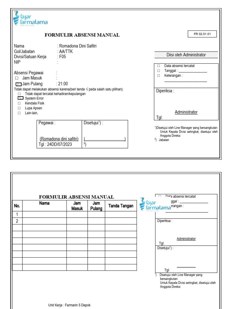 Formulir Absensi dan Izin Pegawai | PDF