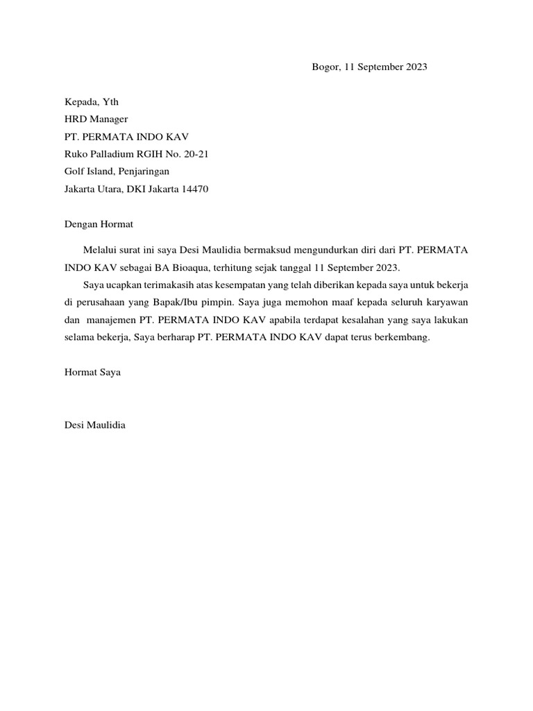 Surat Pengunduran Diri Desi Maulidia | PDF