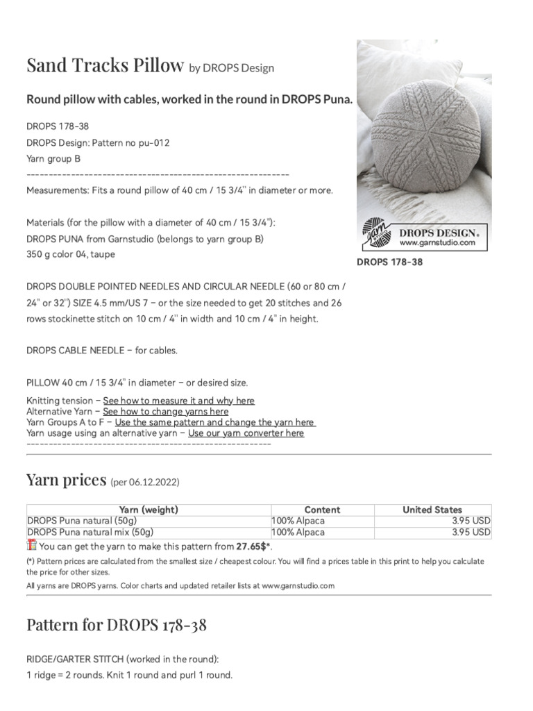 Sand Tracks Pillow Round Pillow With Cables, Worked in The Round in