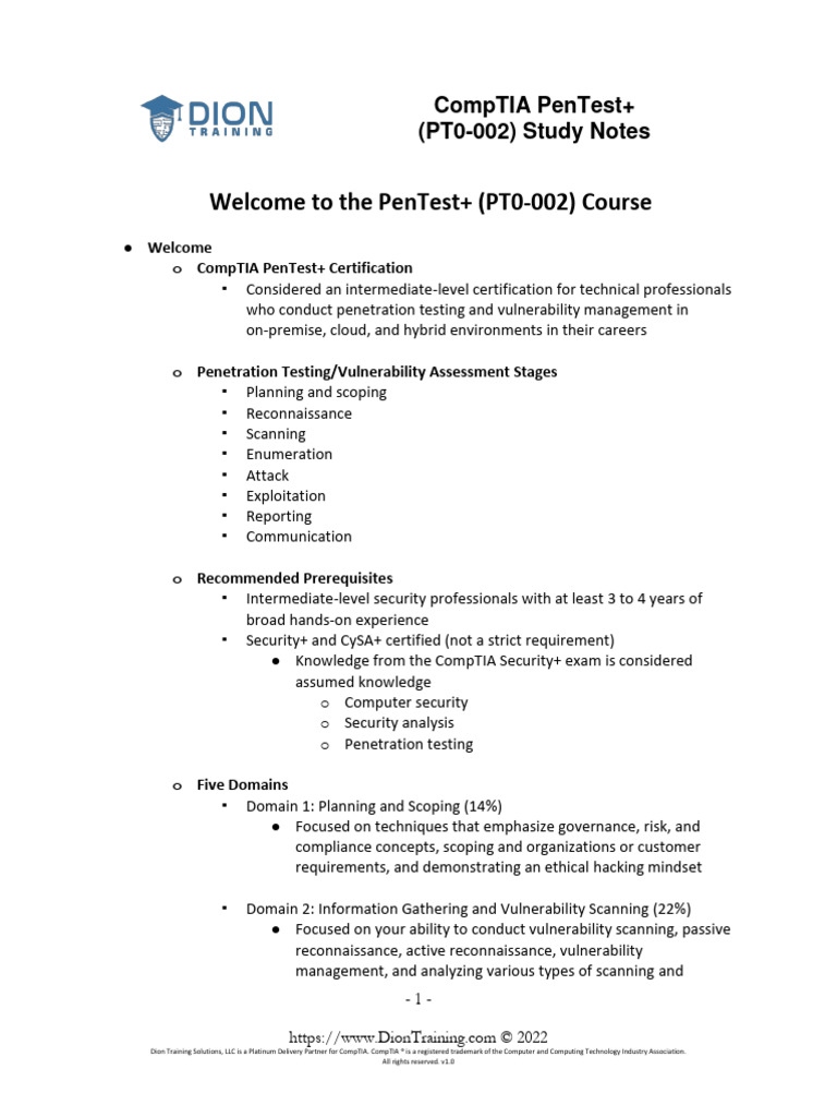CompTIA+PenTest++ (PT0 002) +Study+Notes | PDF | Penetration