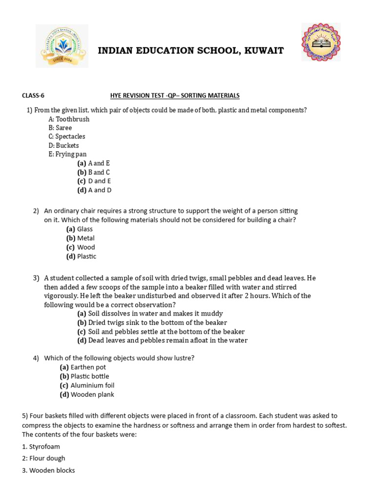 Class 6 Material Sorting Test | PDF | Bottle | Solubility