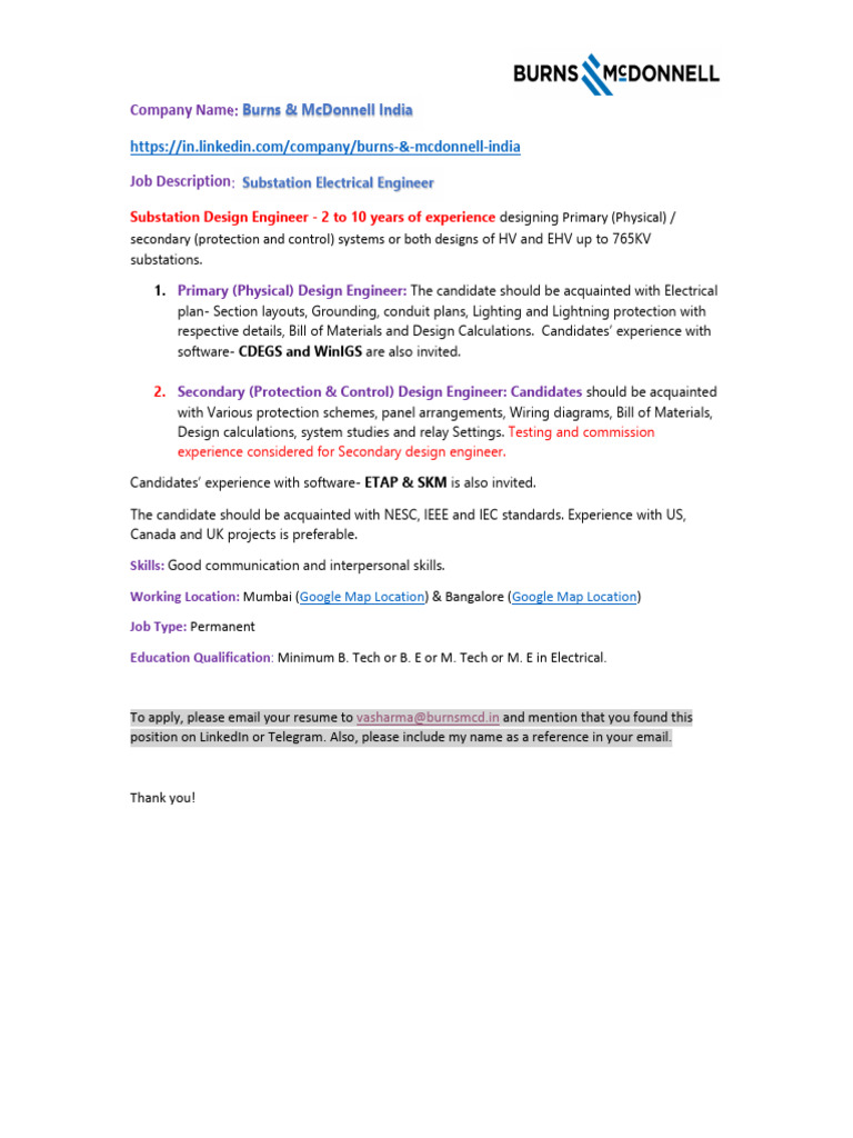 Substation Electrical Engineer Position | PDF