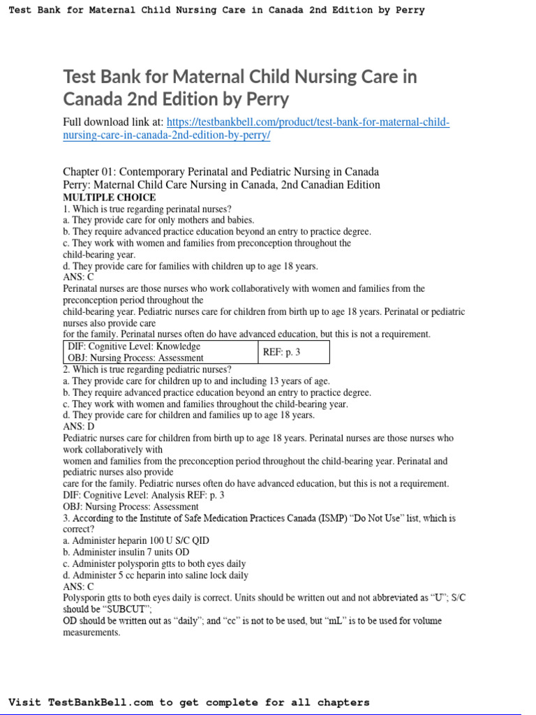 Test Bank For Maternal Child Nursing Care in Canada 2nd Edition by