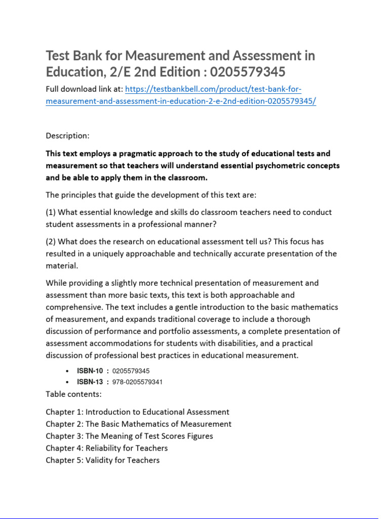 Test Bank For Measurement and Assessment in Education 2 e 2nd Edition