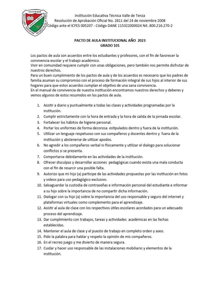 Pacto de Aula 2023 | PDF | Salón de clases