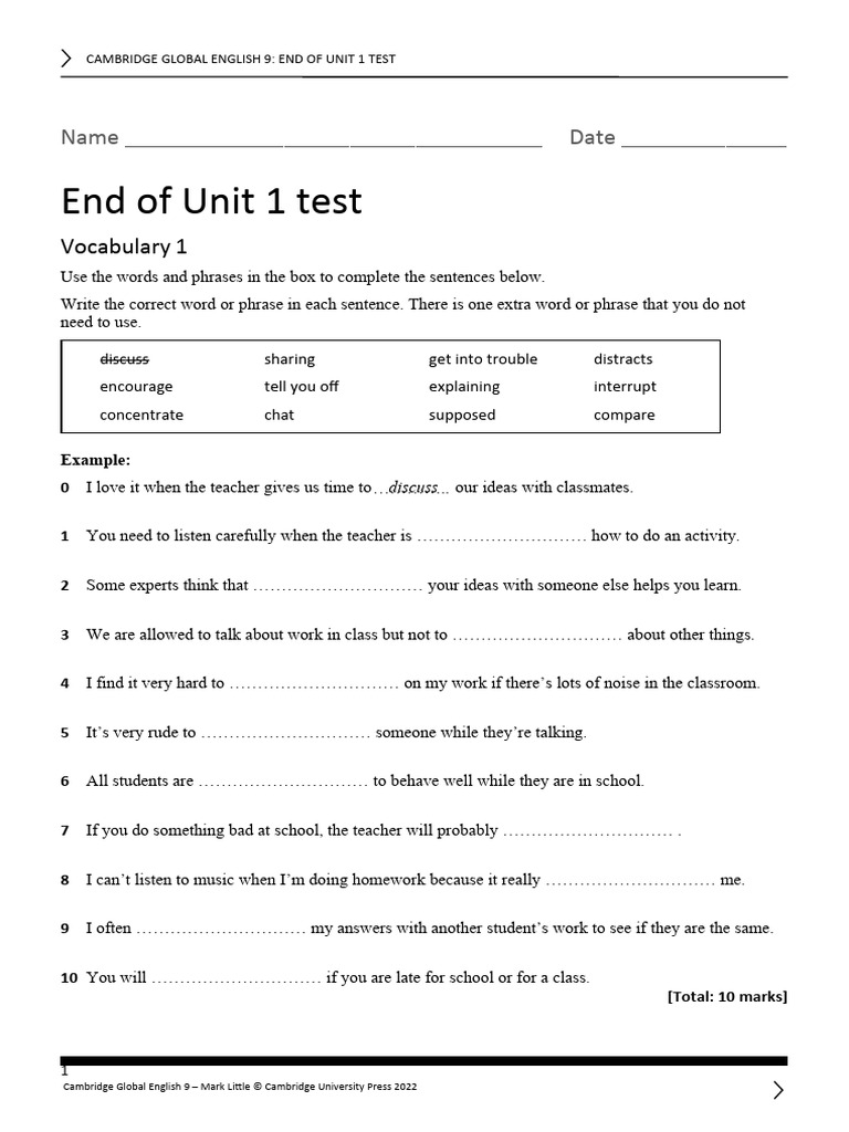 Cambridge Global English 9 Unit 1 Test | PDF | Ellipsis | English Language